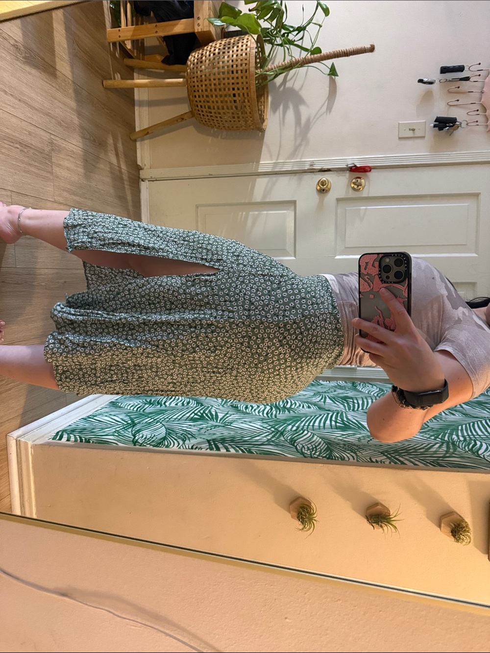 H&M Sage Green Floral Side-Slit Wide-Leg Skirt